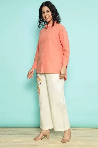 Senorita orange linen cotton solid co-ord set - regular fit, full sleeve