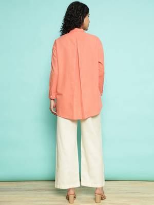 Senorita orange linen cotton solid co-ord set - regular fit, full sleeve 3
