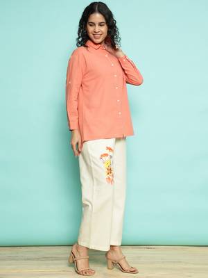 Senorita orange linen cotton solid co-ord set - regular fit, full sleeve 4