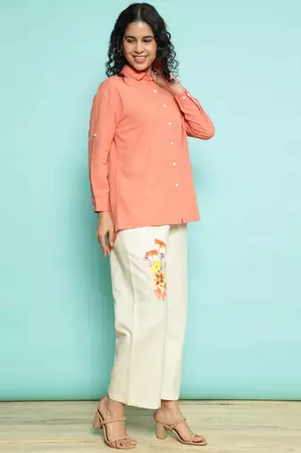 Senorita orange linen cotton solid co-ord set - regular fit, full sleeve