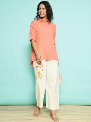 Senorita orange linen cotton solid co-ord set - regular fit, full sleeve 5