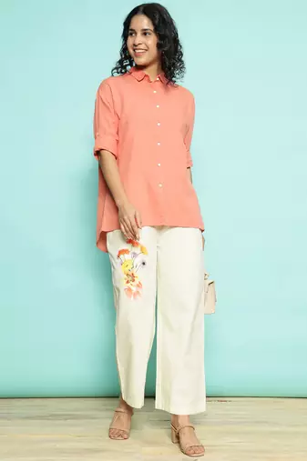 Senorita orange linen cotton solid co-ord set - regular fit, full sleeve