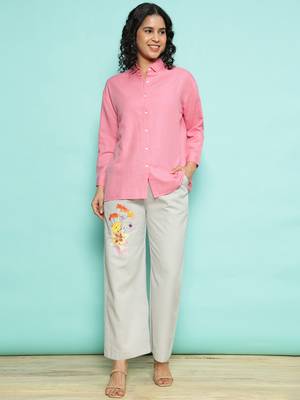 Senorita pink linen cotton solid co-ord set - regular fit, full sleeve 1
