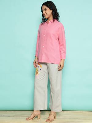 Senorita pink linen cotton solid co-ord set - regular fit, full sleeve 2