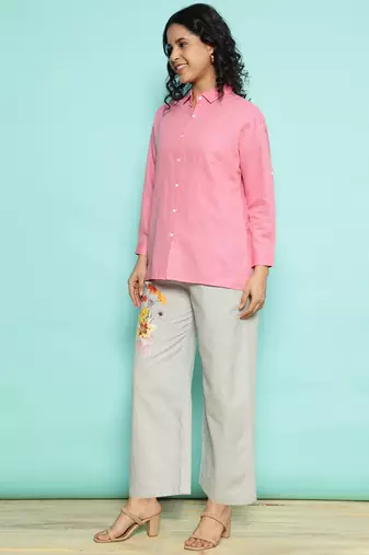Senorita pink linen cotton solid co-ord set - regular fit, full sleeve