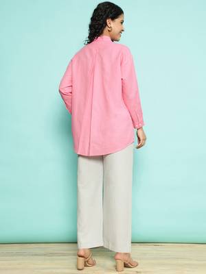 Senorita pink linen cotton solid co-ord set - regular fit, full sleeve 3