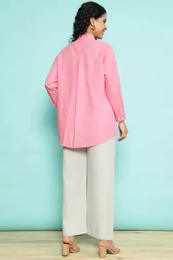 Senorita pink linen cotton solid co-ord set - regular fit, full sleeve