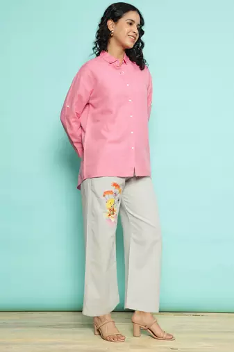 Senorita pink linen cotton solid co-ord set - regular fit, full sleeve