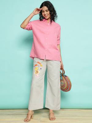Senorita pink linen cotton solid co-ord set - regular fit, full sleeve 5