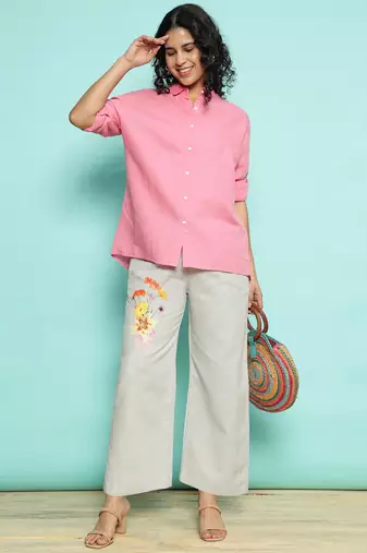 Senorita pink linen cotton solid co-ord set - regular fit, full sleeve