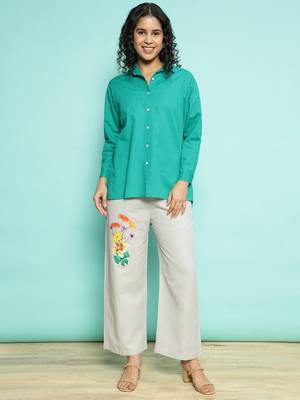 Senorita green    linen cotton solid co-ord set - regular fit, full sleeve 1