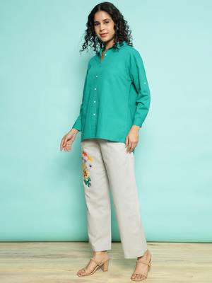 Senorita green    linen cotton solid co-ord set - regular fit, full sleeve 2