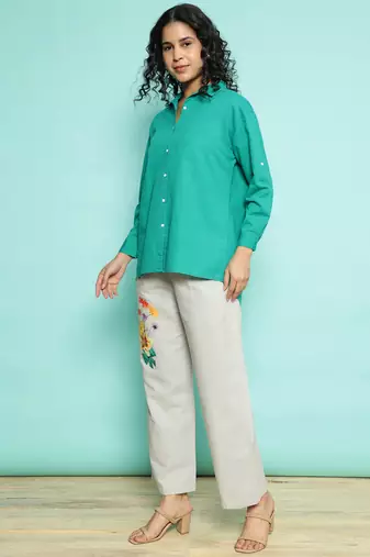 Senorita green    linen cotton solid co-ord set - regular fit, full sleeve