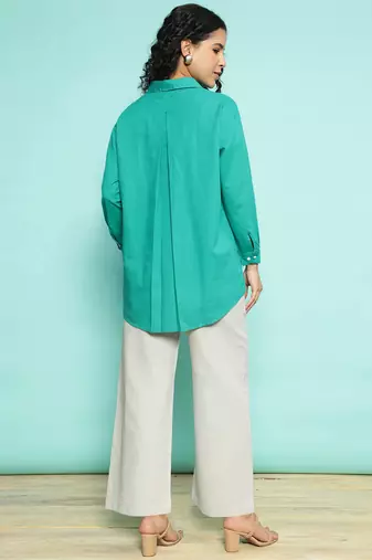 Senorita green    linen cotton solid co-ord set - regular fit, full sleeve