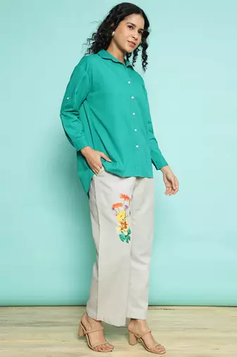 Senorita green    linen cotton solid co-ord set - regular fit, full sleeve