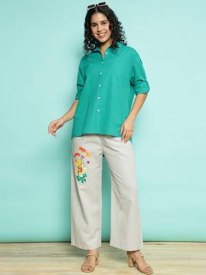 Senorita green    linen cotton solid co-ord set - regular fit, full sleeve 5