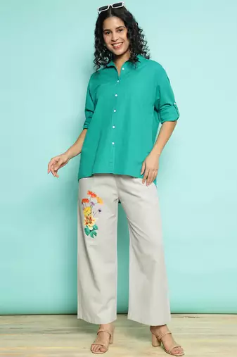 Senorita green    linen cotton solid co-ord set - regular fit, full sleeve