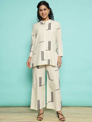Senorita cream 100% cotton printed co-ord set - regular fit, full sleeve 1