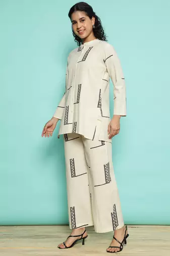 Senorita cream 100% cotton printed co-ord set - regular fit, full sleeve