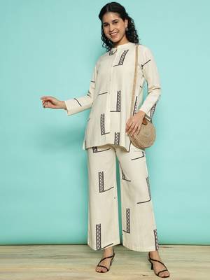 Senorita cream 100% cotton printed co-ord set - regular fit, full sleeve 5