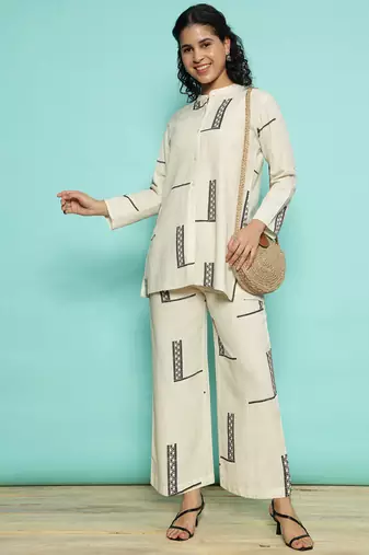 Senorita cream 100% cotton printed co-ord set - regular fit, full sleeve