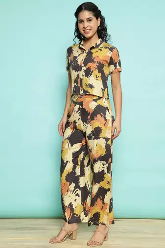 Senorita yellow modal printed co-ord set - regular fit, half sleeve