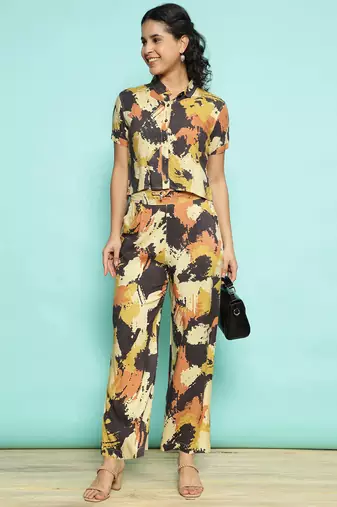 Senorita yellow modal printed co-ord set - regular fit, half sleeve