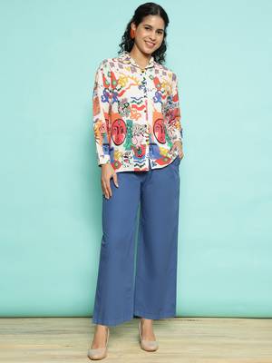 Senorita white & skyblue modal printed co-ord set - regular fit, full sleeve 1