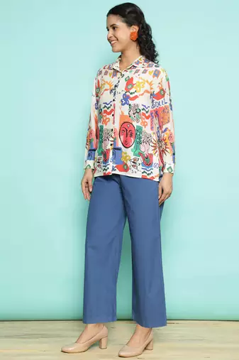 Senorita white & skyblue modal printed co-ord set - regular fit, full sleeve