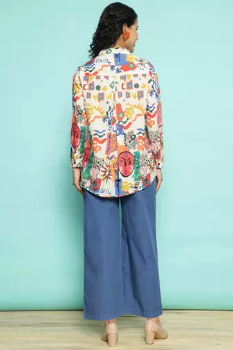 Senorita white & skyblue modal printed co-ord set - regular fit, full sleeve