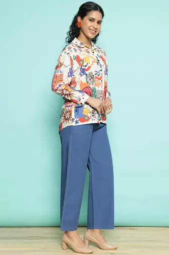 Senorita white & skyblue modal printed co-ord set - regular fit, full sleeve