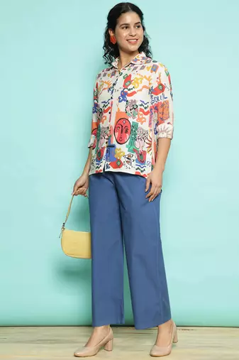 Senorita white & skyblue modal printed co-ord set - regular fit, full sleeve