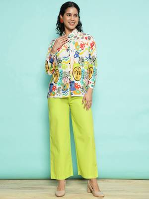 Senorita white & limegreen modal printed co-ord set - regular fit, full sleeve 1