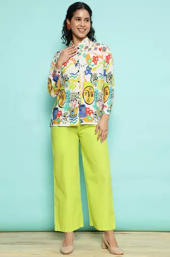Senorita white & limegreen modal printed co-ord set - regular fit, full sleeve