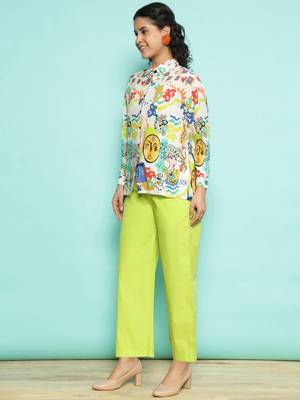 Senorita white & limegreen modal printed co-ord set - regular fit, full sleeve 2