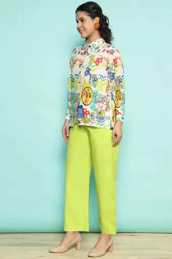 Senorita white & limegreen modal printed co-ord set - regular fit, full sleeve