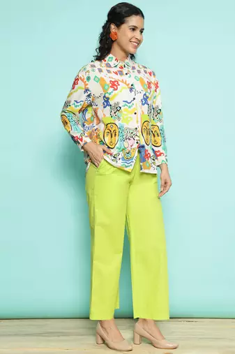 Senorita white & limegreen modal printed co-ord set - regular fit, full sleeve