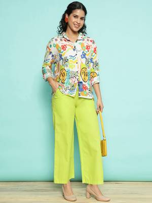 Senorita white & limegreen modal printed co-ord set - regular fit, full sleeve 5