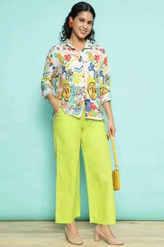 Senorita white & limegreen modal printed co-ord set - regular fit, full sleeve