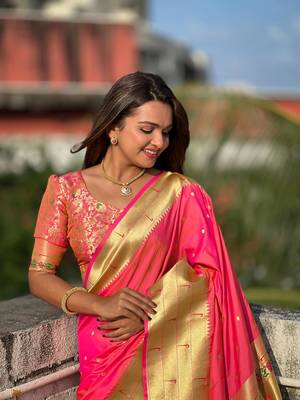 Hot Pink Paithani Silk blend Saree  2