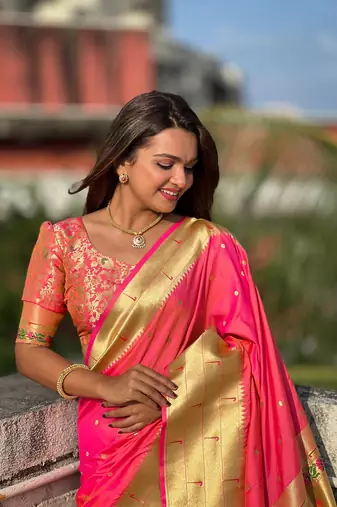 Hot Pink Paithani Silk blend Saree 