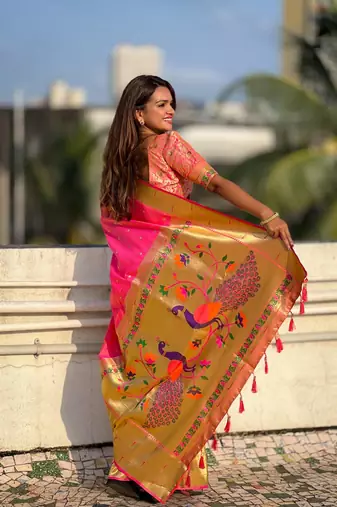Hot Pink Paithani Silk blend Saree 