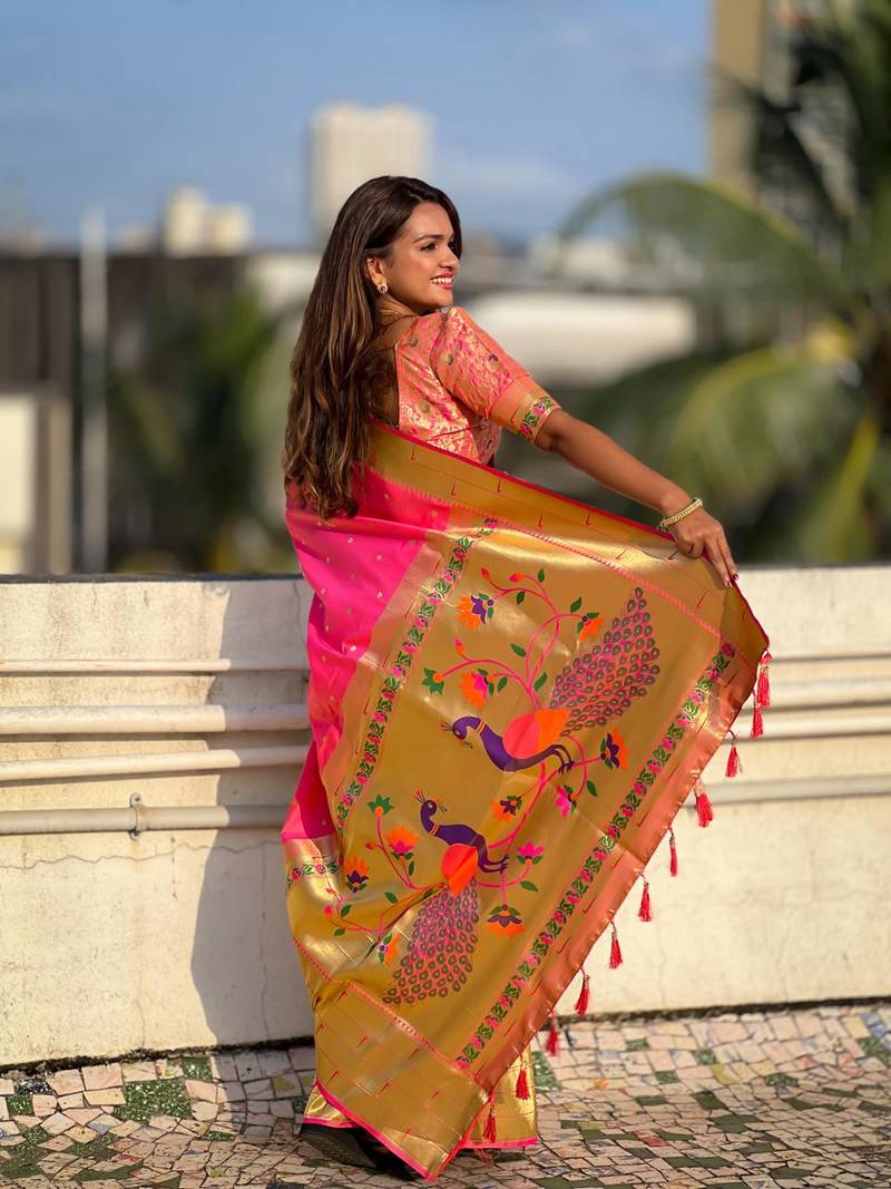 Hot Pink Paithani Silk blend Saree 
