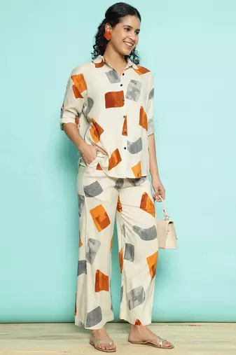 Senorita white rust modal printed co-ord set - regular fit, full sleeve
