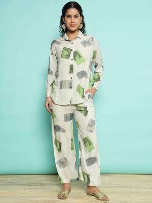 Senorita white green modal printed co-ord set - regular fit, full sleeve 1