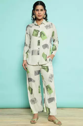 Senorita white green modal printed co-ord set - regular fit, full sleeve