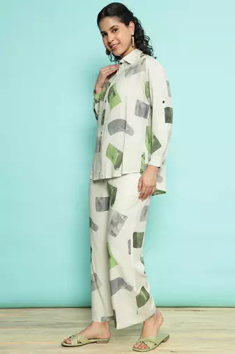 Senorita white green modal printed co-ord set - regular fit, full sleeve