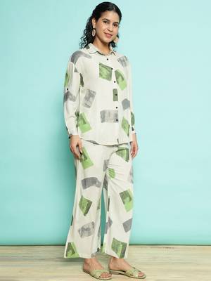 Senorita white green modal printed co-ord set - regular fit, full sleeve 4