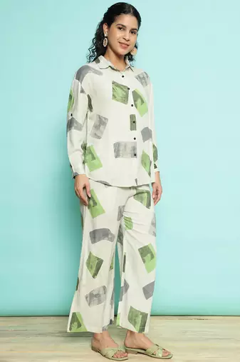 Senorita white green modal printed co-ord set - regular fit, full sleeve