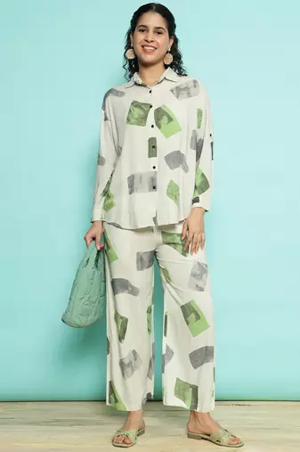 Senorita white green modal printed co-ord set - regular fit, full sleeve